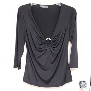 Sexy Low Cut Black 3/4 Sleeve Stretchy Blouse XL